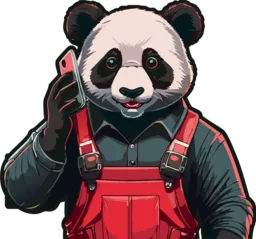 Mascotte-panda van Stukadoorsbedrijf Texel met telefoon — app direct met Guus